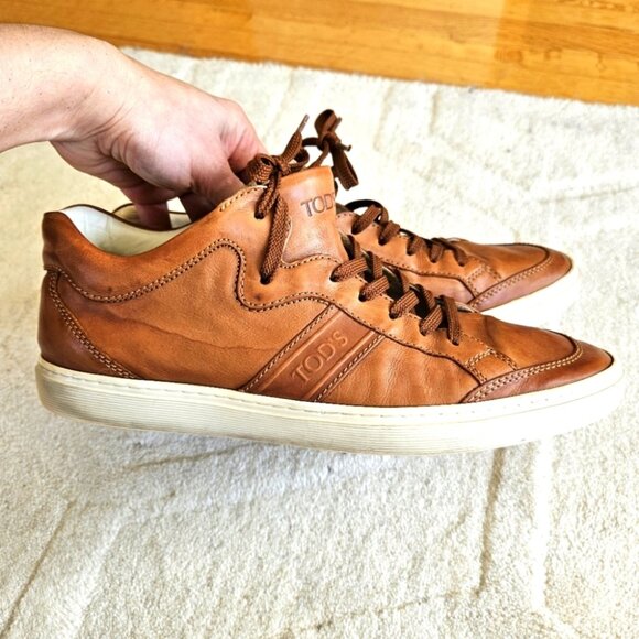 TOD'S Genuine Leather Low top Sneakers Men's 8 Tan Brown Old Money Quiet Luxury - Picture 1 of 6